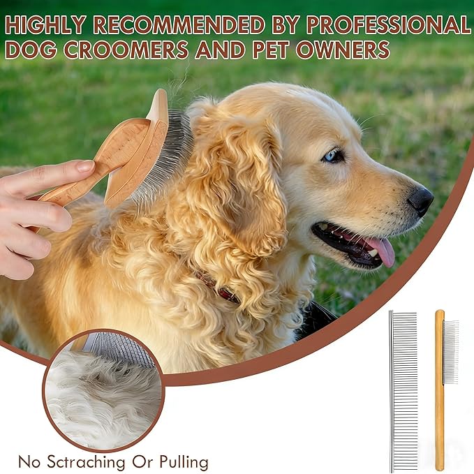 Slicker Brush for Dogs, Large Long Pin Dog Grooming Brush for Doodles Goldendoodles Poodles Labradoodle Bernedoodles, 3 Pcs Wooden Handle for Mats Tangles - Wood
