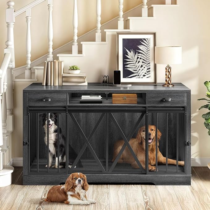 YITAHOME 63" Double Dog Crate TV Stand with Power Outlet for 2 Dogs | Heavy Duty Wooden Cage, Dog Kennel Indoor Furniture Double Sliding Barn Door Design Ideal for 2 Dogs, Dark Grey