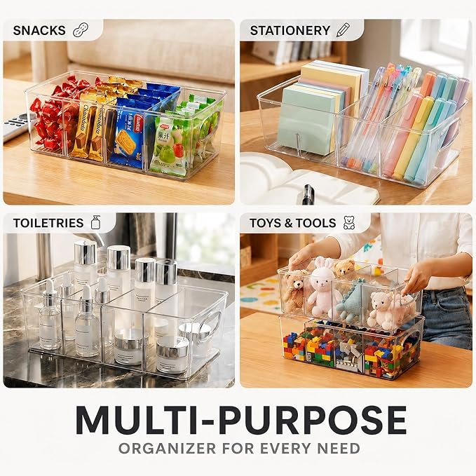 Clear Plastic Storage Bins with Removable Dividers – Pantry Snack Organizer, Kitchen Pantry Organizers and Storage, Snack Drawer Organizer, Fridge Organizer (2 Pack)