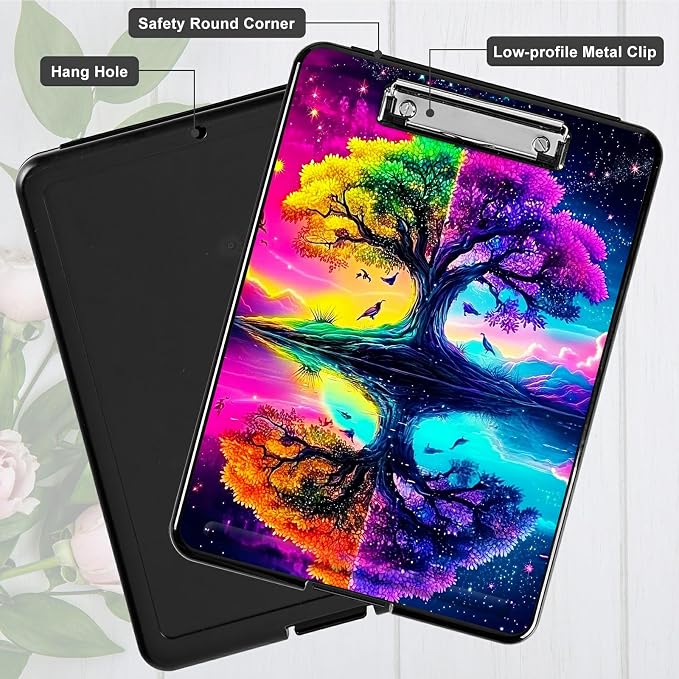 Heavy Duty Storage Clipboard, Slim Nursing Clipboard with Internal Pen Case, Portable File Organizer Case for A4 Letter Size Paper Office Medical Professionals, Purple Green Tree