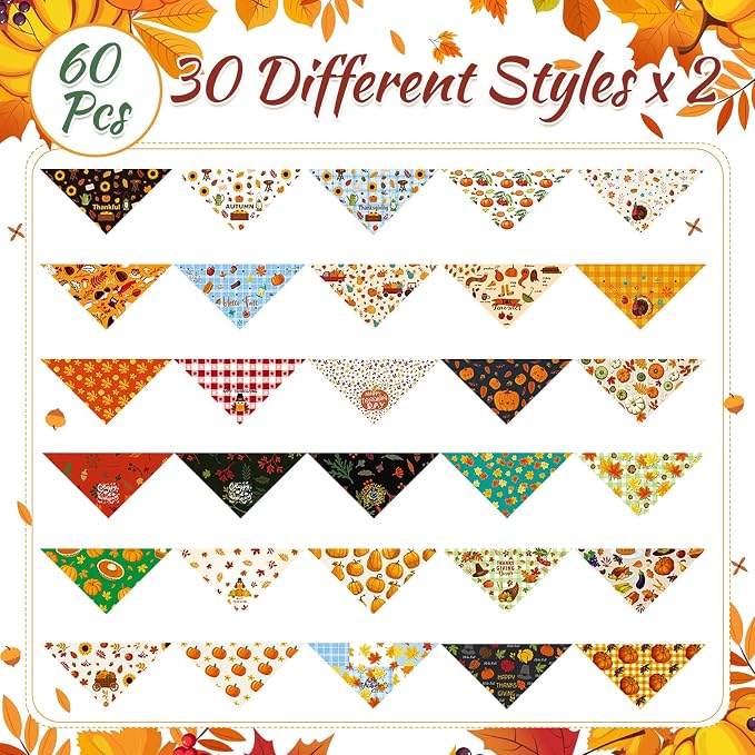 Sanwuta 60 Pcs Fall Dog Bandanas Thanksgiving Dog Bandanas Bulk Adjustable Pet Bibs Triangle Scarf Holiday Costume for Small to Large Pet (Turkey Pattern)