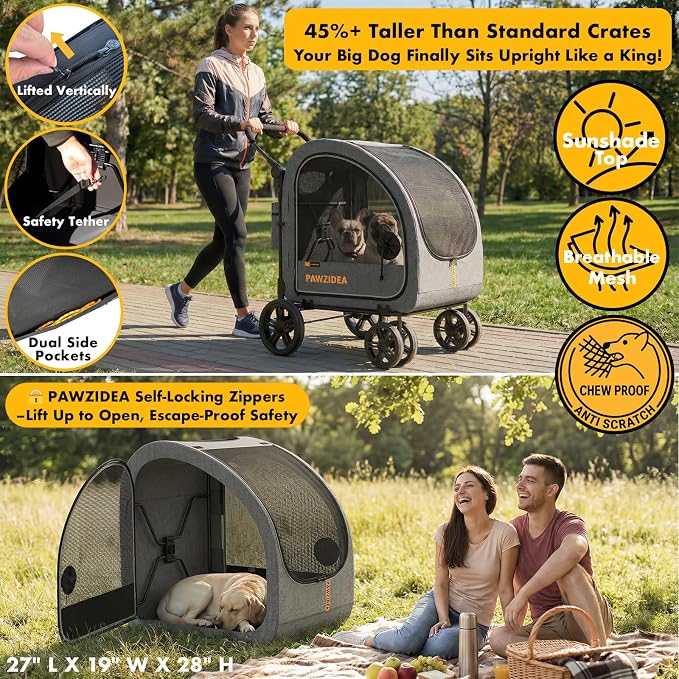 PAWZIDEA 3-in-1 Large Dog Stroller with Detachable Carrier, 45% Extra Tall | Dog Crate Car Travel for 2 Medium Dogs Sit Upright, Foldable Jogger Pet Stroller All-Terrain Up to 100lbs, Storage Organizer