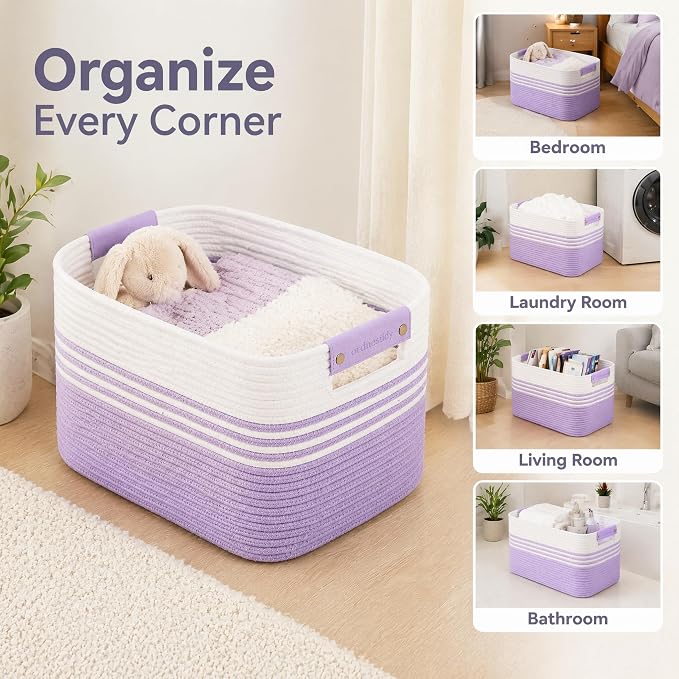 25.4GAL Collapsible Cotton Rope Extra Large Storage Basket For Bedroom Closet, Boho Rectangular Short Hamper Woven Storage Baskets for Living Room Throw Pillows Blankets Dirty Clothes, White Purple