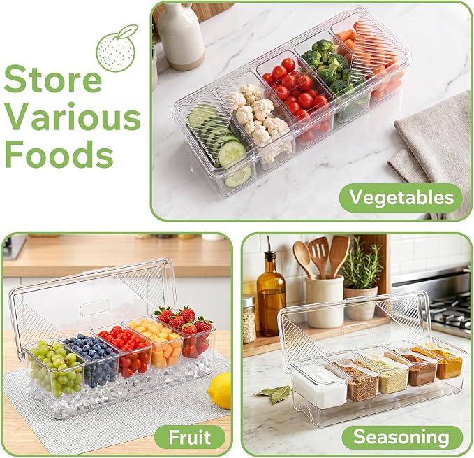 Condiment Caddy with Lid, Condiment Containers,Serving trays | Food Storage Containers, Includes 5 Spoons and 2 Clips, 5 Detachable Compartments, For Fruits Nuts Cookies Condiments