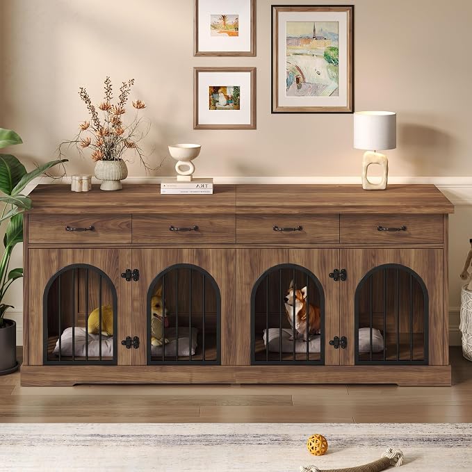 Merax 70.8" Large Dog Crate Furniture & TV Stand for 2 Dogs – Double Kennel with 4 Storage Drawers, Removable Divider & Arched Metal Doors – Wood Indoor Pet House for Medium/Large Breeds, Brown