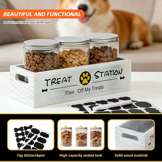 Dog Treat Container with 3 Airtight Jars and Wooden Tray, Labels and Marker | Reusable Write-On Stickers, Built-In Handles, Clear Pet Food Storage Canisters for Countertop, Farmhouse Decor for Pet Owners