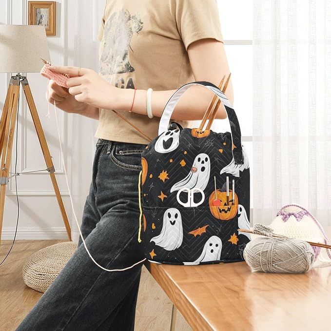 Tatenale Crochet Bag Yarn Bag Knitting Project Bag with Pockets and Handle Portable Yarn Storage Organizer Tangle Free 8.3x11 InchGothic Halloween Ghost Pumpkin and Spider Web04
