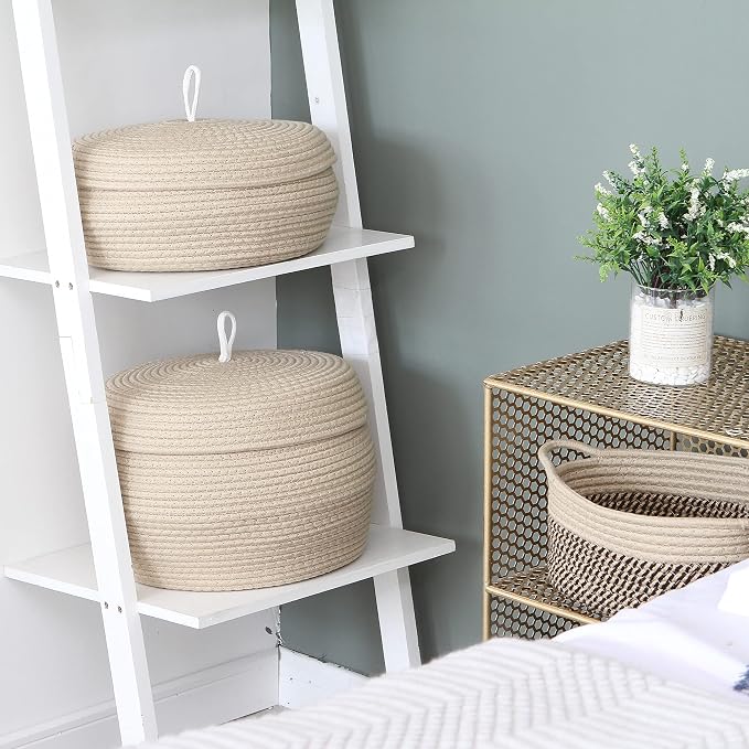 Sea Team Round Woven Cotton Rope Storage Basket with Lid, Khaki | Lidded Knitted Decorative Storage Bin, Pot, Caddy, Organizer, Container for Snacks, Towels, Plants, 13 x 9 Inches