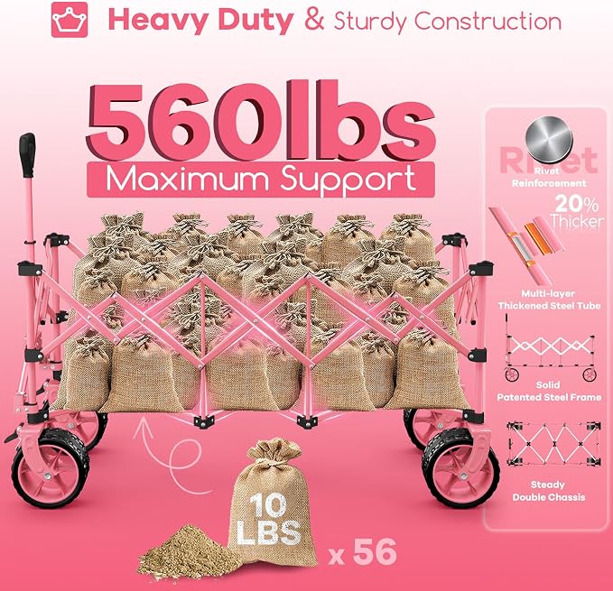 Originsure 300L Beach Wagons Carts Foldable with Big Wheels, 560lbs, Pink | 48" Folding Utility Wagon,7" All-Terrain Wheels,Heavy Duty Frame,Compact&Space-Saving,for Camping,Sports,Grocery,Garden