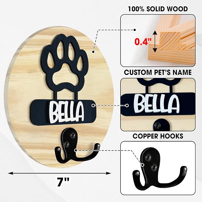Dog Leash Holder Wall Mount, Personalized Pet Harness Hanger Paw Print Hook, Hook for Dog, Cat, Key Rack Wall Organizer, Cat Collar Organizer for Entryway, Memorial Gifts for Pet Lover
