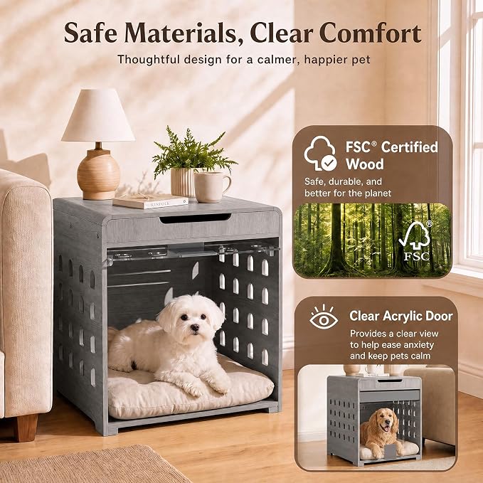 Modern Dog Crate Furniture Wooden Kennel Charging Station End Table Grey | Nightstand, Dog Cage Indoor, up to 50 lb, with Flip-Up Acrylic Door, Storage Drawer, Medium Small Dogs, Living Room Bedroom