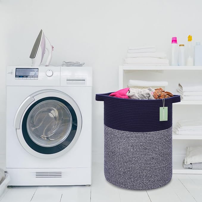 Cotton Rope Blanket Basket, 72L Tall Laundry Hamper, Navy Blue