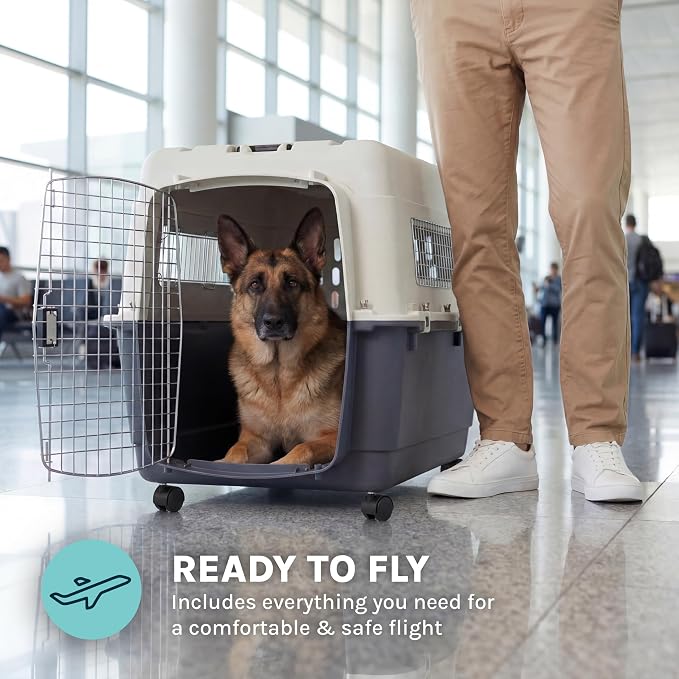 SportPet Airline Compliant XX-LARGE 39" Travel Dog Kennel-Durable Plastic Airline Pet Carrier w/ Removable Wheels & Food Bowls, Collapsible Indoor/Outdoor Dog Kennel, Dogs up to 36"L & 27"H-Cream/Gray