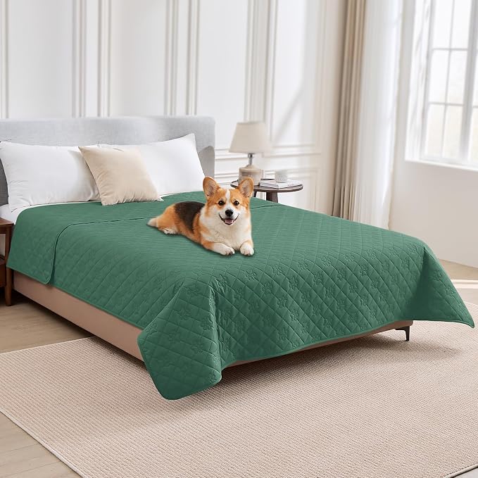 PAWFINITY Waterproof Bed Cover for Dogs, Pet Blanket for Mattress Washable | Paw Print Quilted, Hair Resistant, Anti Cat Scratch, Pee Proof Furniture Protector for Cal King Bed, 82x102 Inch, Green