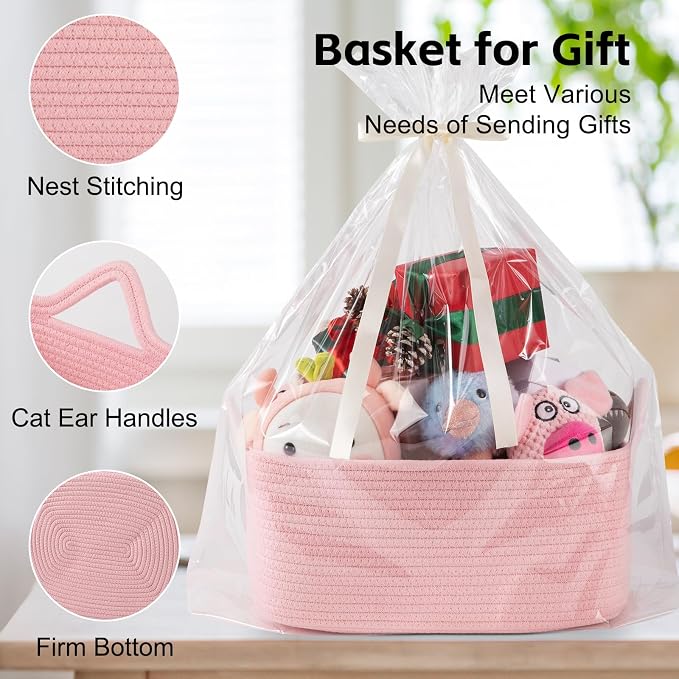 OIAHOMY 19L Woven Basket, Gift Basket Empty with Gift Bags and Ribbons, Rope Baskets for Baby Showers, Storage Baskets with Handles for Nursery, Pet Toy Organizer - Pink