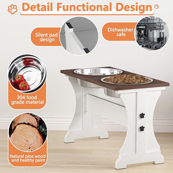 Piskyet Elevated Dog Bowls,Dog Bowl Stand, 9Cups 13.8"H_80oz Bowl-Farmhouse | Farmhouse Dog Bowls Stand, Raised Dog Bowl with 2 Stainless Steel Wooden Dogs Bowls for Medium Large Size Dogs