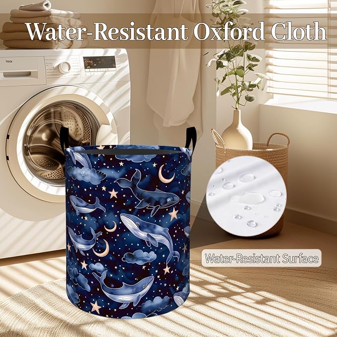 Dreamy Whale Laundry Basket, Moon Star Night Sky Foldable Oxford Cloth, Waterproof Dirty Clothes Hamper with Handles, Clothing Storage Bin Toy Organizer for Bedroom Dorm Bathroom, 19.7"x15.7"