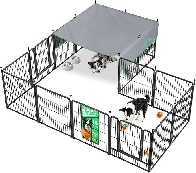 FXW Rollick Dog Playpen with Sun Shade, 32"H, 16 Panels | Heavy-Duty & Easy setup Play Area, UPF 50+ Cover Blocks 98% of UV Rays, For Small & Medium Dogs, Patented