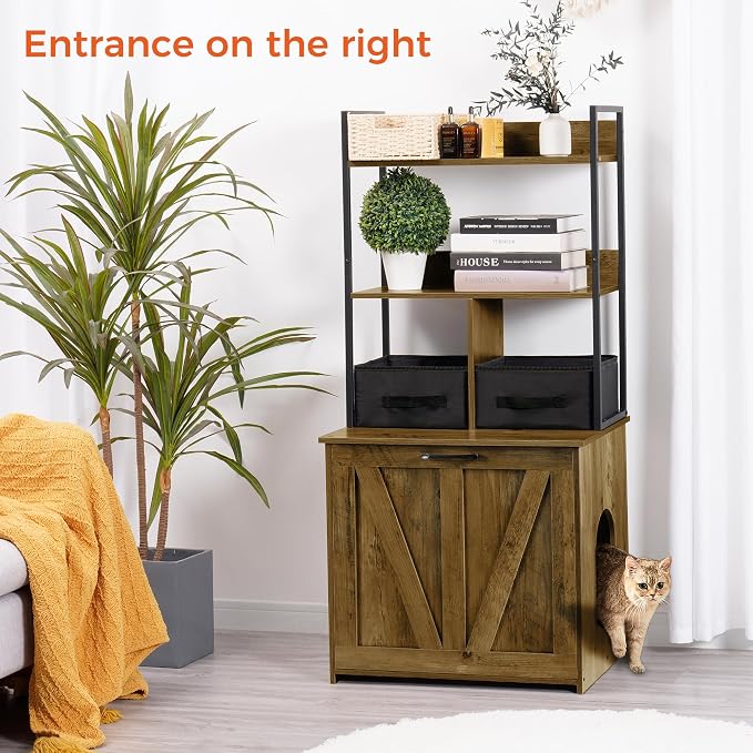 Dwanton Cat Litter Box Enclosure, 2 Storage Shelves and 2 Drawers, 50" H | 2-in-1 Hidden Cat Litter Box Enclosure Furniture with Shelf, Metal Frame, Reversible Entrance, Washable Drawers, Warm Brown