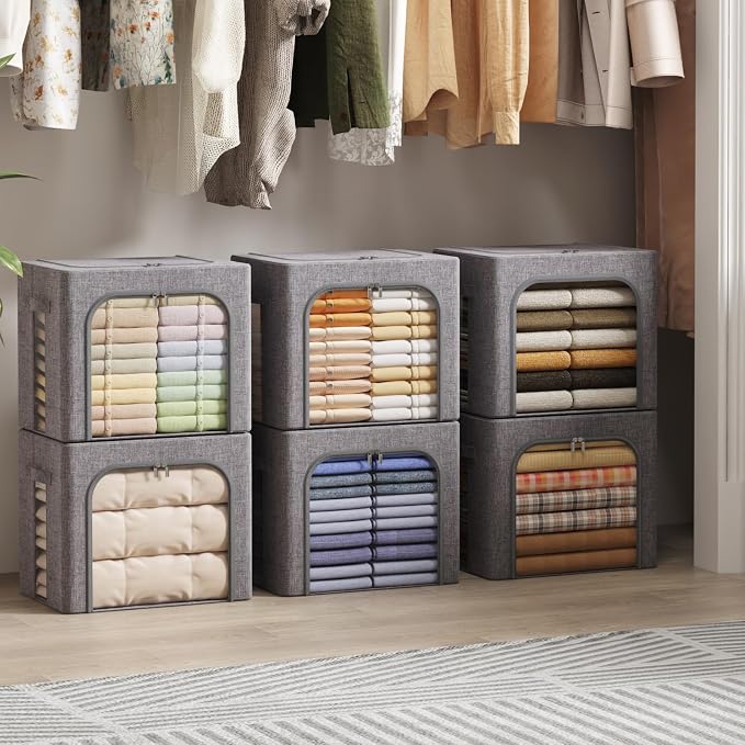 Lifewit Clothes Storage Bins with Metal Frame, Stackable Storage Box, Foldable Clothing Storage Bins with Lids, 40L Storage Bags Fabric Box Organizer with Clear Window＆ Zippers＆ Sturdy Handles 6 Pack