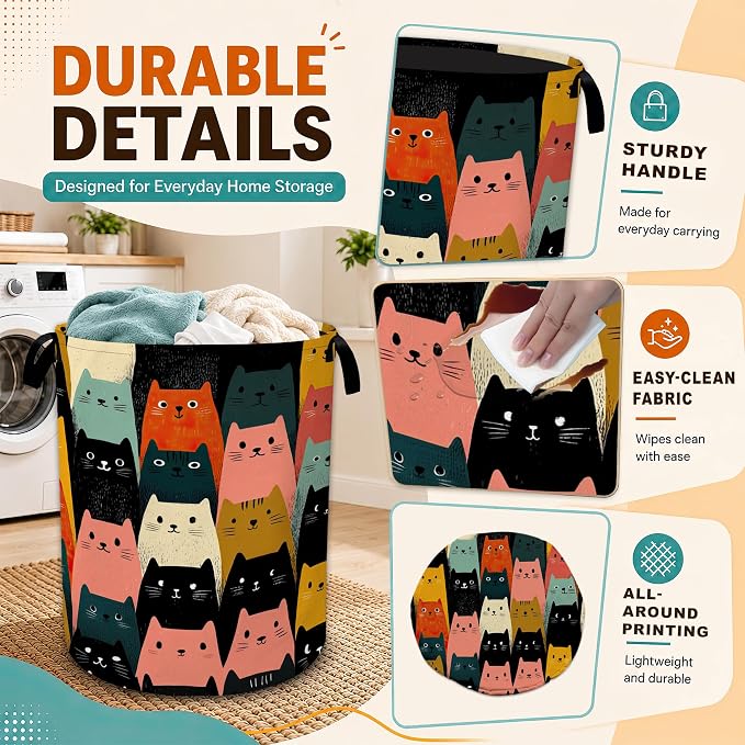Cute Cat Laundry Basket,Large Collapsible Portable Round Laundry Hamper with Handles,Oxford Storage Bin for Clothes,Blankets,Bedroom,Bathroom