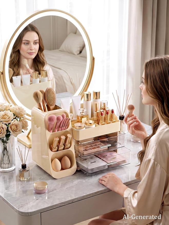 Large Makeup Organizer Countertop for Vanity Skincare Organizers Cream | Acrylic Cosmetic Display Case with Drawers Brush Holder, Dorm Bathroom Counter Organizer for Perfume, Nail Polishes, Lipstick