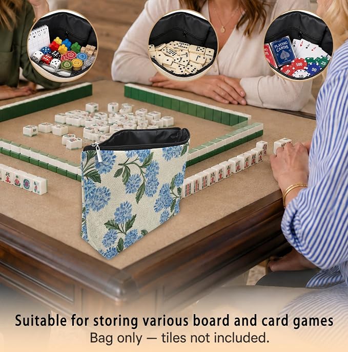 Blue Hydrangea Empty Mahjong Tile Bag 13x7.8 Inch | Blue Hydrangea Portable Travel Case Organizer Zipper Pouch for American Mahjong Tiles Game Night Accessories and Gifts