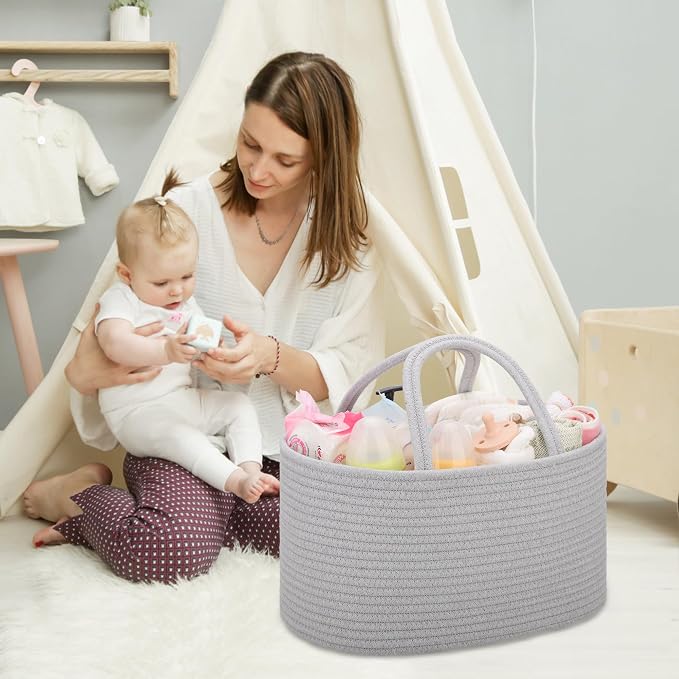 COMSE Large Cotton Rope Baby Diaper Caddy Organizer with Handles, Cool Gray