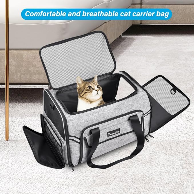 Petmolico Cat Carrier Soft-Sided Airline Approved, Medium, Grey-X862 | For small/medium cats & puppies up to 16 lbs, 3 open doors, travel-friendly pet bag