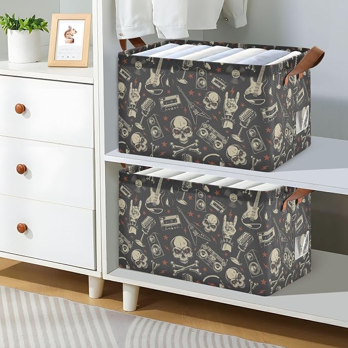 Bass Metal Music Rock and Roll Skull Gesture Black Red Storage Bins for Shelves with Labels&Handles Fabric Organizer Bin Foldable Rectangle Storage Basket Boxes for Closet, Bathroom, Home, Living Room