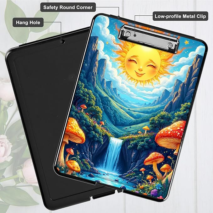 Heavy Duty Storage Clipboard, Slim Nursing Clipboard with Internal Pen Case, Portable File Organizer Case for A4 Letter Size Paper Office Medical Professionals, Stream Sun Mushroom