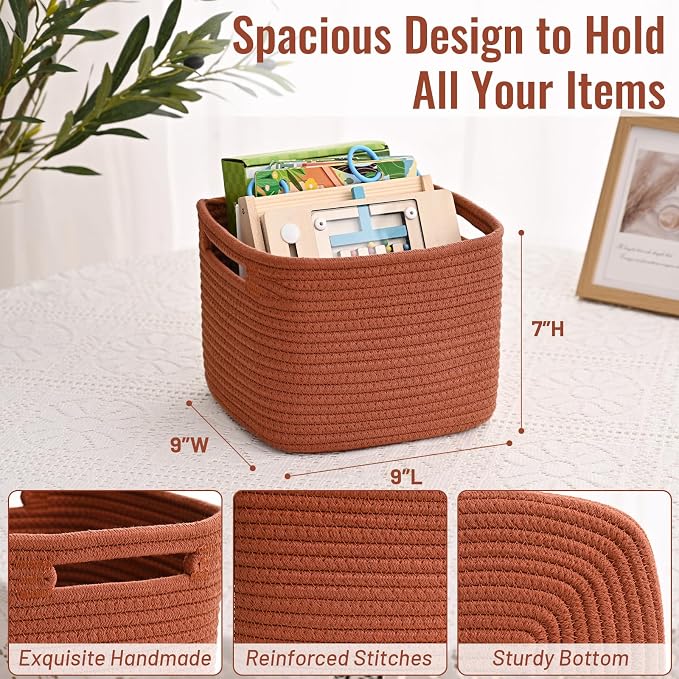 3 Pack Cube Storage Bin, 9”x9”x7” Cotton Rope Woven Baskets for Organizing Toys Clothes Towels, Square Gift Storage Baskets for Shelves, Nursery, Closet, Bathroom, Pantry (Red)