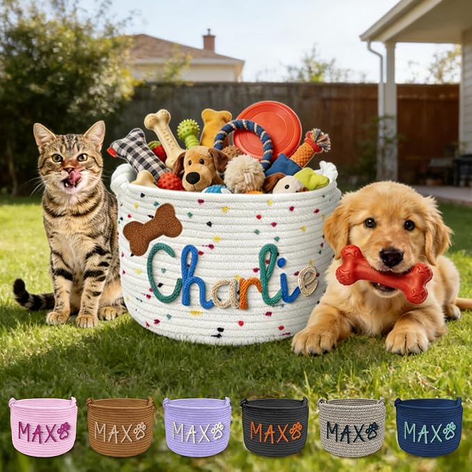 Personalized Dog Cat Toy Basket with Name, Custom New Puppy Toy Storage Bins with Handles, Customized Baskets Organizer for Blankets Pet Supplies Clothes Food