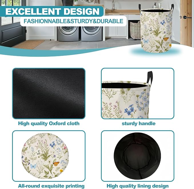 Wildflower Botanical Portable Laundry Hamper,Butterfly Flowers Collapsible Clothes Basket with Handles,Waterproof Oxford Cloth Organizer for Dorm Bedroom Bathroom Nursery,16 x 20 Inch