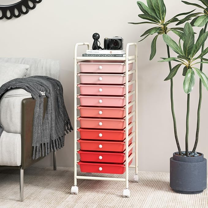 10 Drawer Rolling Storage Cart, Organization Cart with Drawers for Craft Makeup Paper Tool Art Supply, Versatile Utility Cart on Wheels for Home Office Classroom School (Gradient Pink)