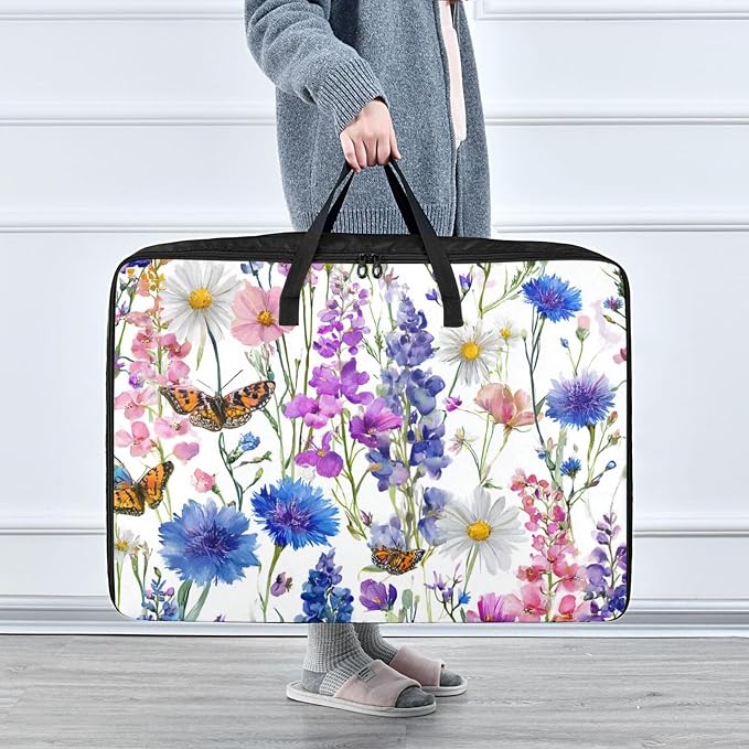 Comforter Storage Bags Large Folding Blanket Organizer Bag with Strong Handles Clear Window Closet Storage Containers for Clothes King Queen Pillows Bedding Quilt Duvet Pink Bluebonnets Daisy