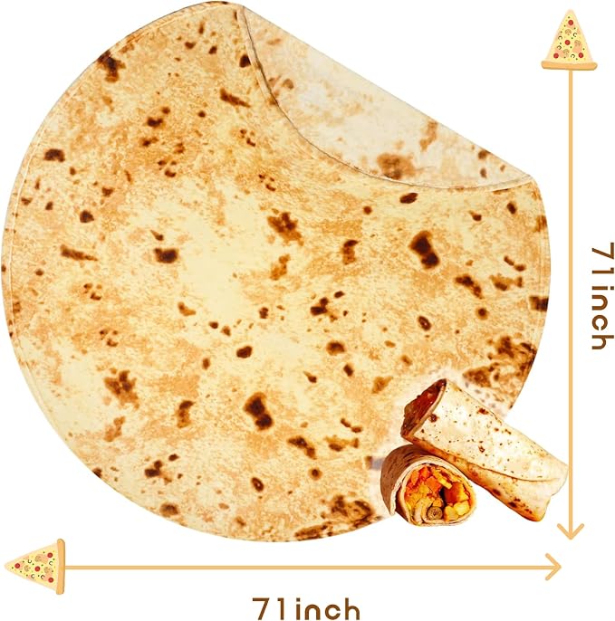 Bnuitland 71 Inches Burritos Tortilla Blanket, 300 GSM Giant Funny Gift Throw, Double Sided Realistic Super Soft Taco Food Yellow Blanket for Bed Sofa, Novelty for Adults