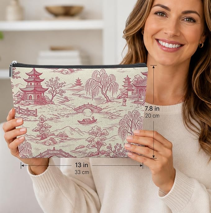 Pink Toile Empty Mahjong Tile Bag 13x7.8 Inch | Chinoiserie Printed Portable Travel Case Organizer Zipper Pouch for American Mahjong Tiles Game Night Accessories and Gifts