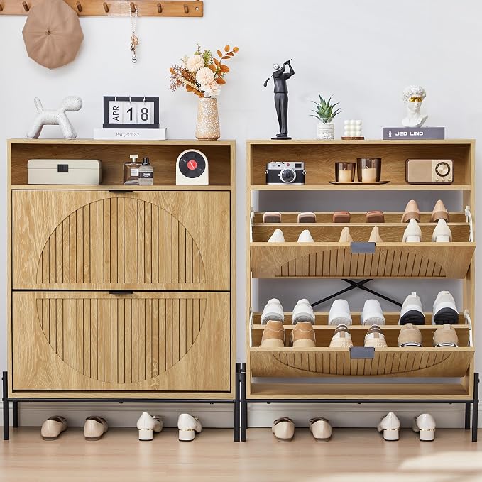FurSch Fluted Shoe Cabinet with 2 Flip Drawers | Slim, Freestanding, Hidden Organizer, Narrow Storage Rack, for Entryway