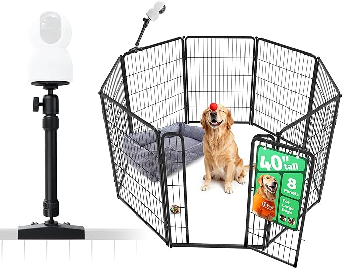 FXW Homeplus Indoor Dog Playpen with Camera Mount, 40" H, 8 Panels | Calm Indoor Play Area, Wider Viewing Angles with Stable Support, for Medium & Large Dogs, Patented