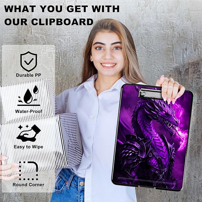 Purple Flaming Dragon A4 Clipboard with Storage Pen Holder, Clipboards Organizer Nursing Clipboard Foldable File Folder Plastic Clipboard Folio Clip Board for Office Students Classroom