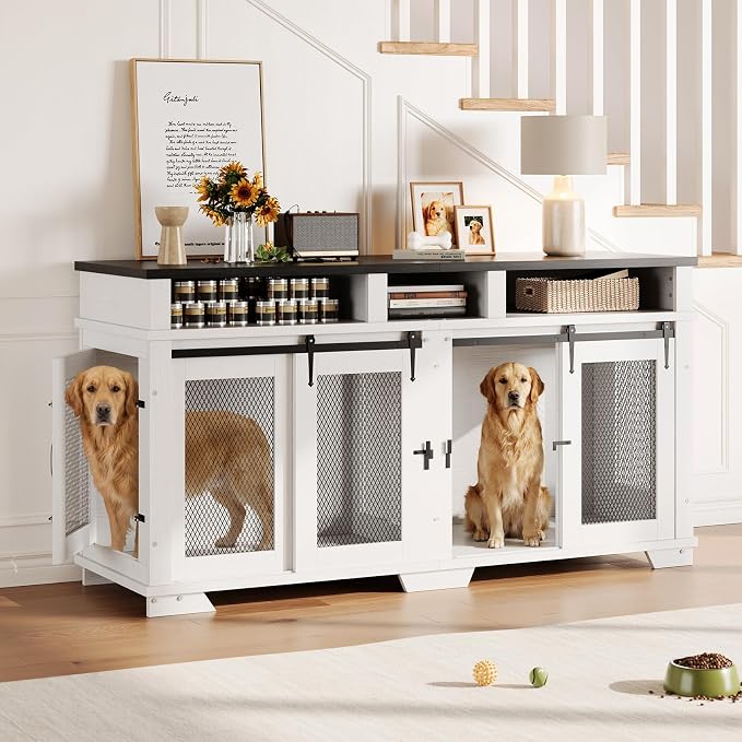 Garvee 71'' Dog Crate Furniture for 2 Dogs, Extra Large Double Dog Kennel | with Removable Divider and Storage Drawers, Wooden Dog Crate TV Stand for Large Medium Dogs