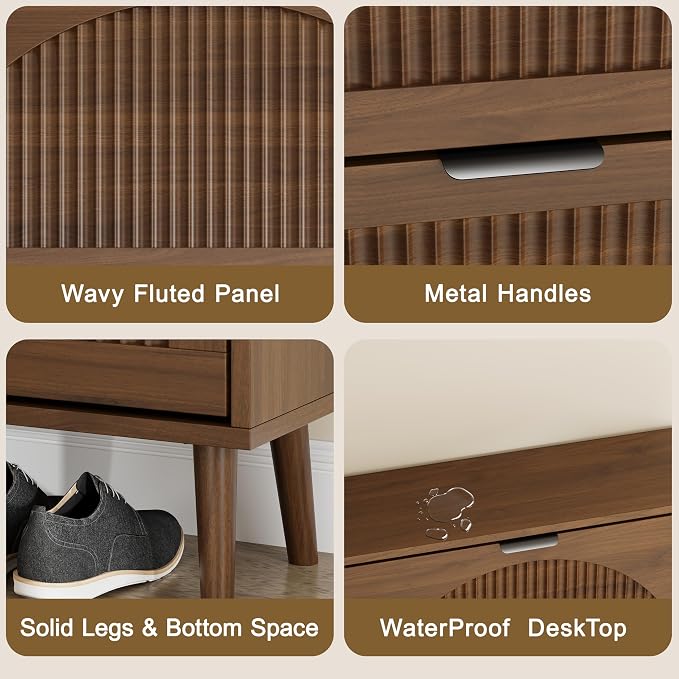 Shoe Storage Cabinet with 2 Flip Drawers, Narrow Wood Shoe Organizer Cabinet with Fluted Panel, Slim Shoe Rack for Entryway, Freestanding Shoe Cabinet for Living Room, Hallway, Walnut