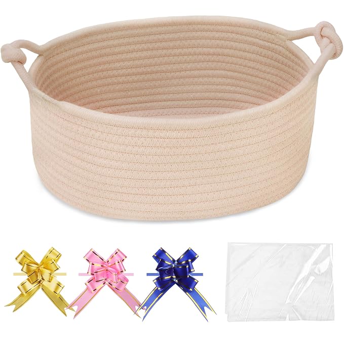 COMSE Small Gift Basket Empty with Bag & Ribbons, Solid Beige | Cotton Rope, 12"x 8"x 5", Pet Toy Storage Organizer, Woven Basket for Birthdays, Baby Showers, Mother’s Day, Valentine’s Day