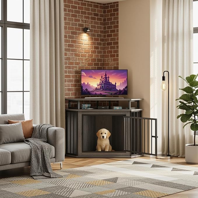 IRONCK 43.3" Corner Dog Crate Furniture with 2-Tier Shelves Gray | 10mm thickened iron frame. 2-tier storage shelves and 180 lb tabletop. 23.6"L x 43.3"W x 32"H. Space-Saving Indoor crate.