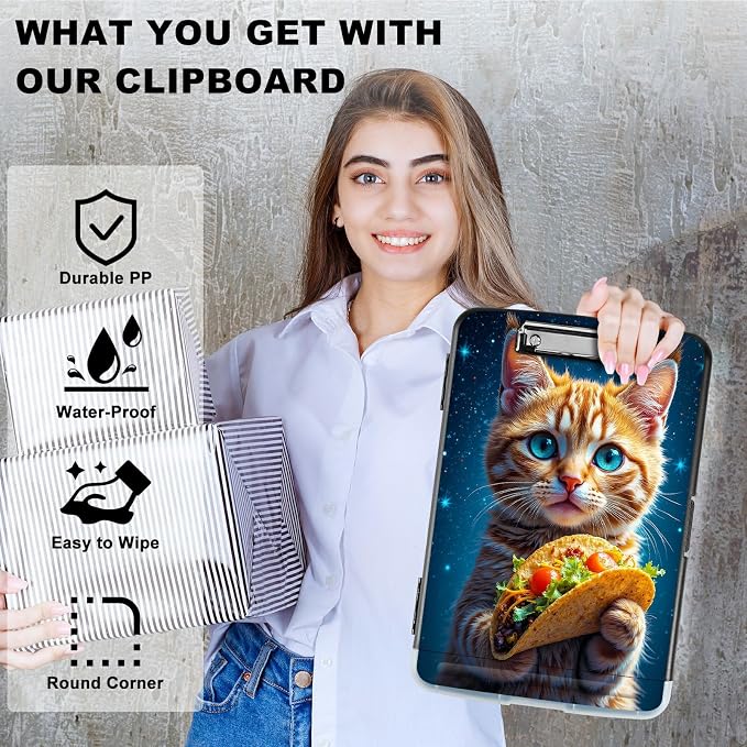 A4 Clipboard with Storage Pen Holder, Clipboards Organizer Nursing Clipboard Foldable File Folder Plastic Clipboard Folio Clip Board for Office Work Classroom Doctor, Hamburg Orange Cat