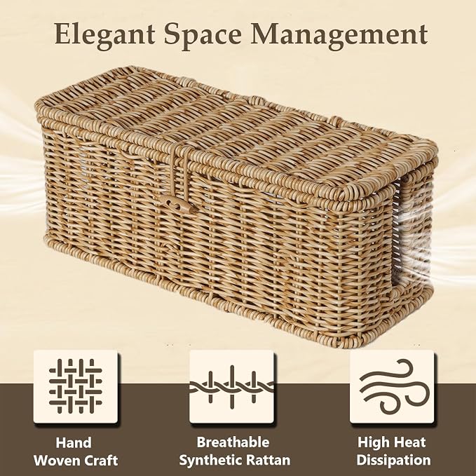 Cable Management Box, Cord Organizer with Lid & Cable Ties - Natural Small | Handmade Open Slots Cord Hider Outlet Covers for Power Strip TV PC Router Charger Under Desk Storage
