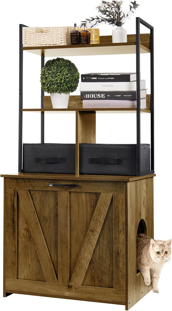 Dwanton Cat Litter Box Enclosure, 2 Storage Shelves and 2 Drawers, 50" H | 2-in-1 Hidden Cat Litter Box Enclosure Furniture with Shelf, Metal Frame, Reversible Entrance, Washable Drawers, Warm Brown