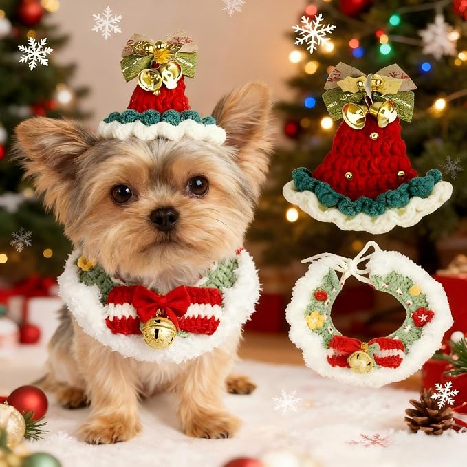 Christmas Dog Costume, Handmade Cat Holiday Outfit with Christmas Tree Hat & Wreath Scarf Set, Adjustable,Lightweight & Breathable,Pet Accessories for Rabbits Xmas Party & Photos