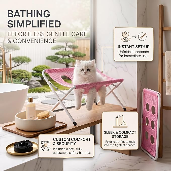 Cat Bathing Hammock, Stainless Steel Foldable Pet Bathing Stand with Restraint Straps, Multi-hole Anti-Scratch Washing Holder Station for Easy Feline Washing & Nail Trimming, Supports up to 40lbs，Gray